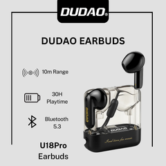 Dudao U18Pro TWS Earbuds – Black, Bluetooth 5.3, Transparent Case