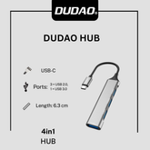 Dudao HUB 4-in-1 USB-C to 4x USB-A (3×USB2.0 / 1×USB3.0) | 6.3cm | Bla…