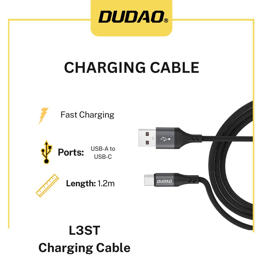 Dudao L3ST USB-A to USB-C 5A Fast Charging & Data Cable 1.2m Braided – Black