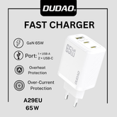 Dudao A29EU 65 W GaN Wall Fast Charger with 2×USB‑C + 1×USB‑A – White