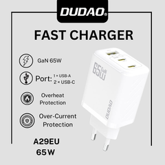 Dudao A29EU 65 W GaN Wall Fast Charger with 2×USB‑C + 1×USB‑A – White