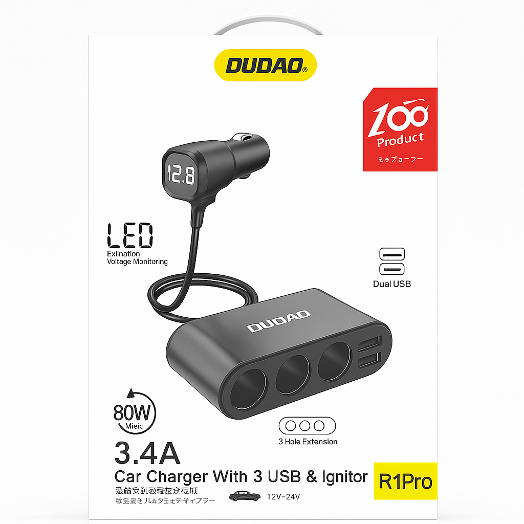 DUDAO R1PRO 3.4A Car Charger With 2USB 3 Lgnitors And LED Display-R1PRO