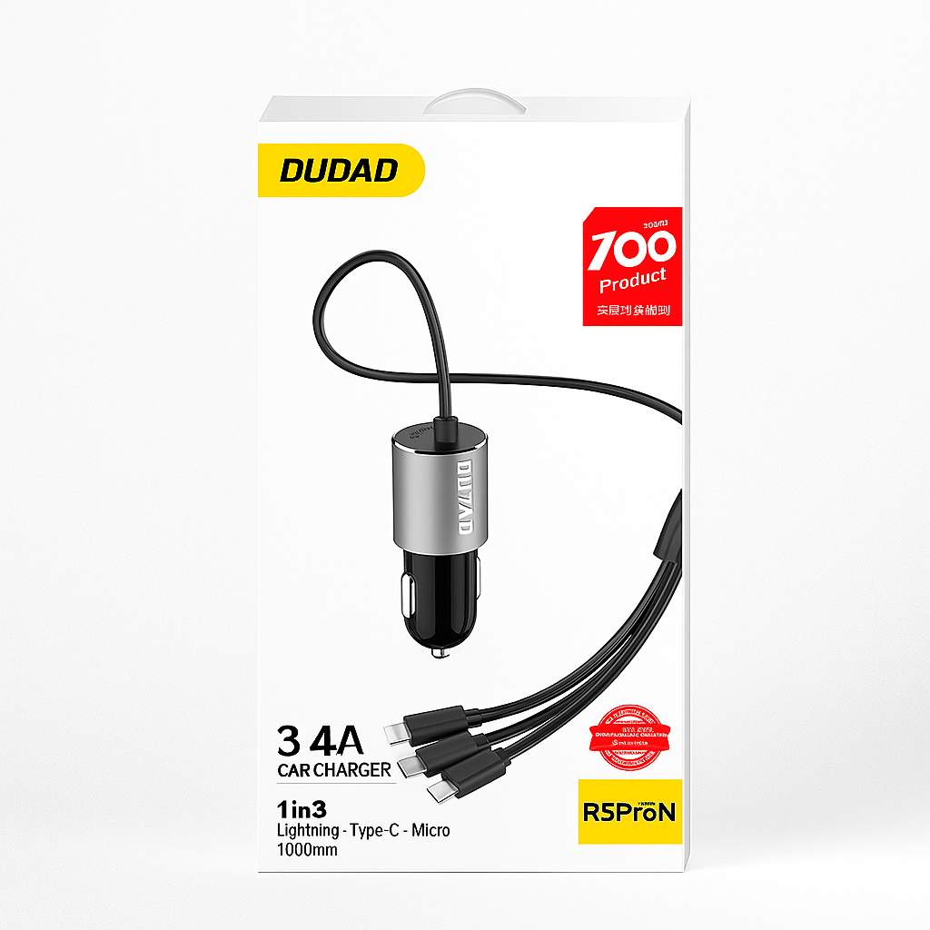 DUDAO R5ProN 3.4A Aluminum Alloy Car Charger with 1 USB Port & Built-in 3-in-1 Charging Cable
