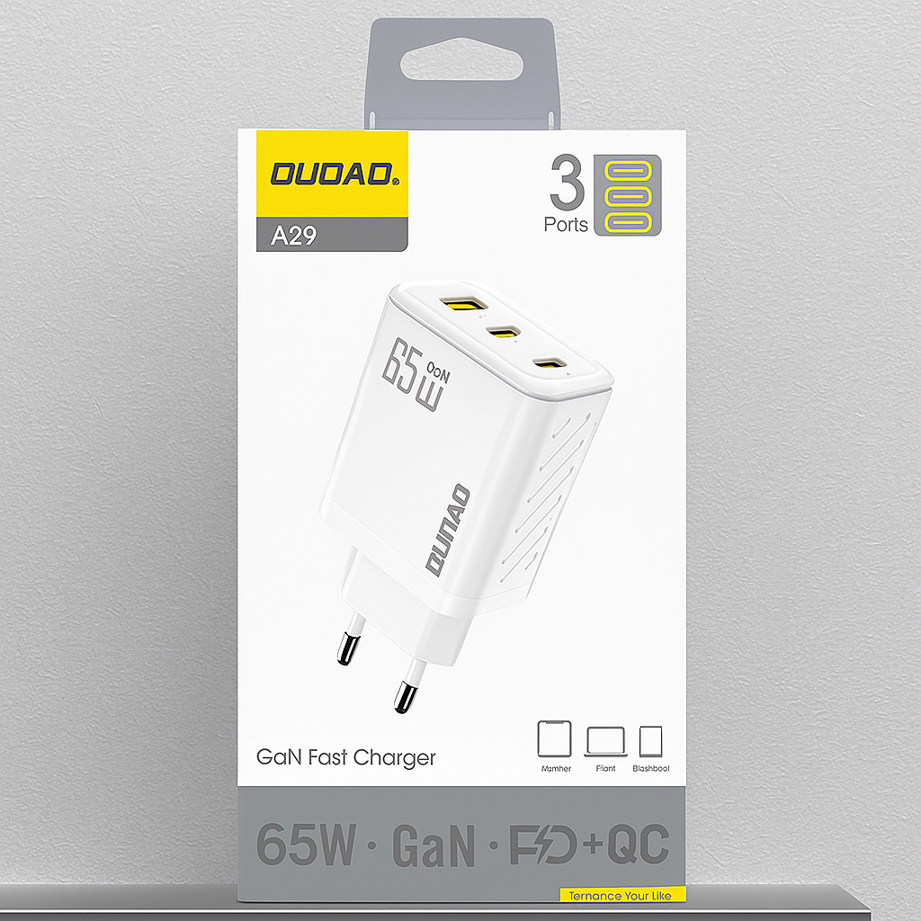 Dudao A29EU 65 W GaN Wall Charger with 2×USB‑C + 1×USB‑A – White