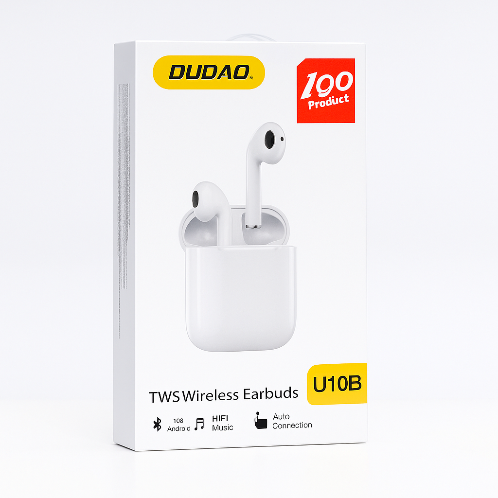 Dudao U10B TWS Earbuds – White, Comfort Fit, Auto-Pause, Long Battery