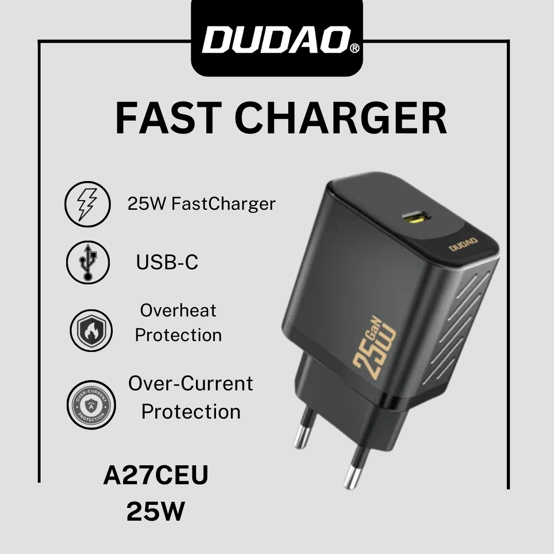 Dudao A27CEU AC Wall Charger with 25 W USB‑C Output and 1 m USB‑C Cable – Black