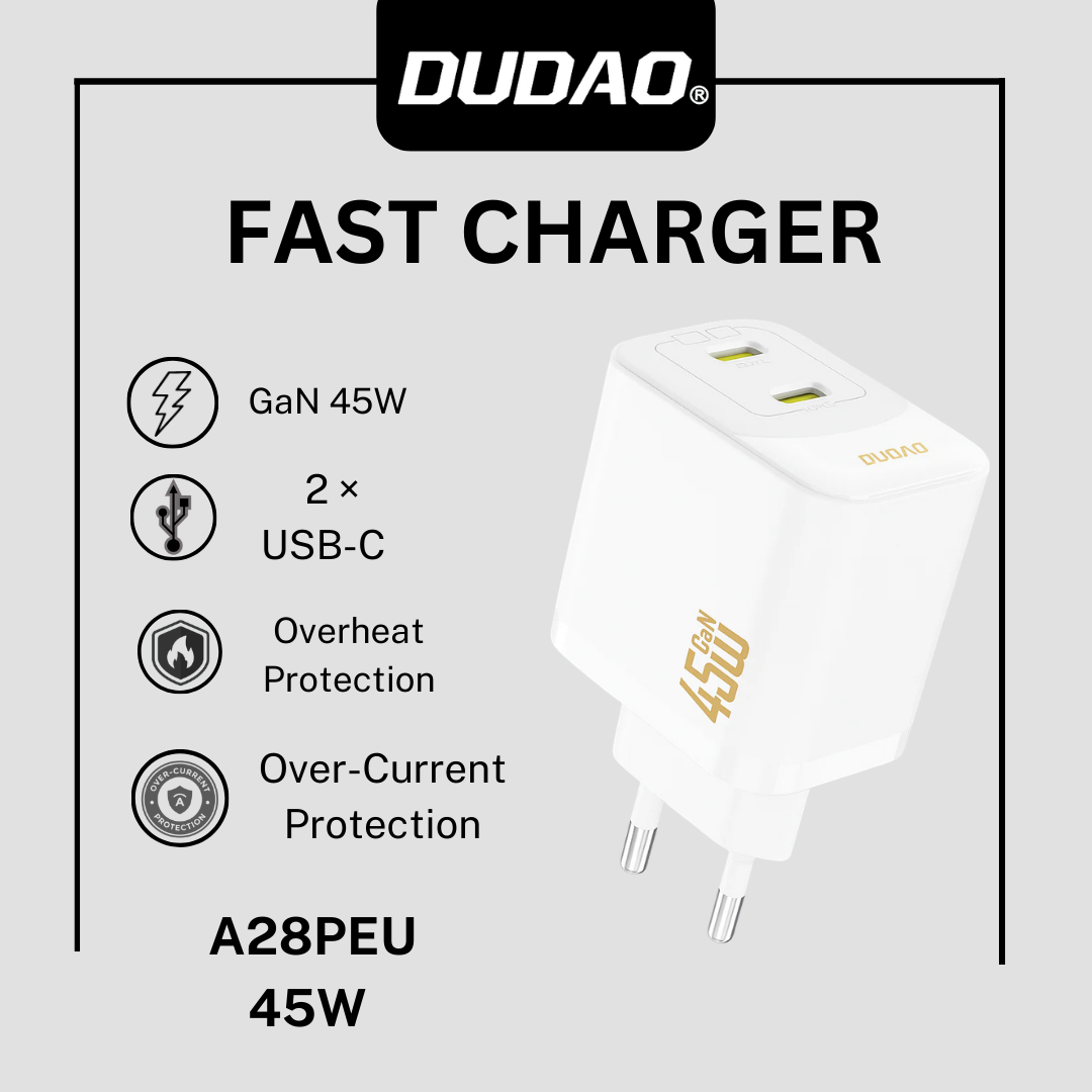 DUDAO A28PEU 45W GaN Wall Charger with Dual USB‑C Ports – Black
