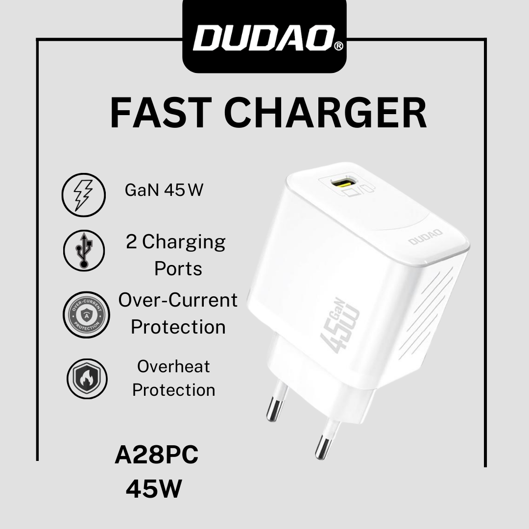 Dudao A28PC EU 45 W GaN USB-C Wall Charger with 1 m USB-C Cable – White