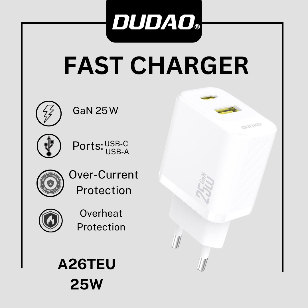 Dudao A26TEU 25W GaN Dual-Port Charger — White