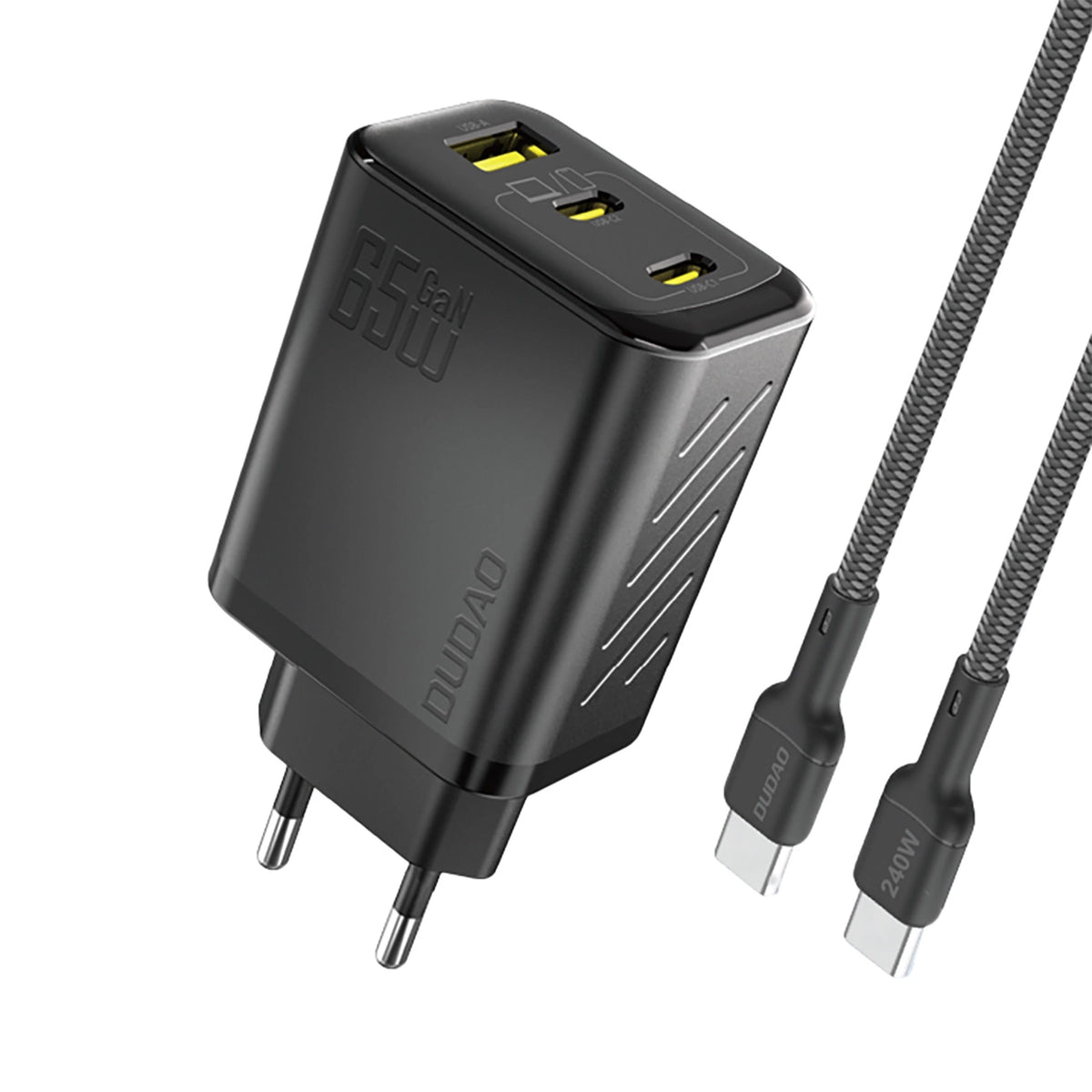DUDAO A29C 65 W GaN USB-C Wall Charger with USB-A Port and 1.2 m USB‑C to USB‑C Cable – Black