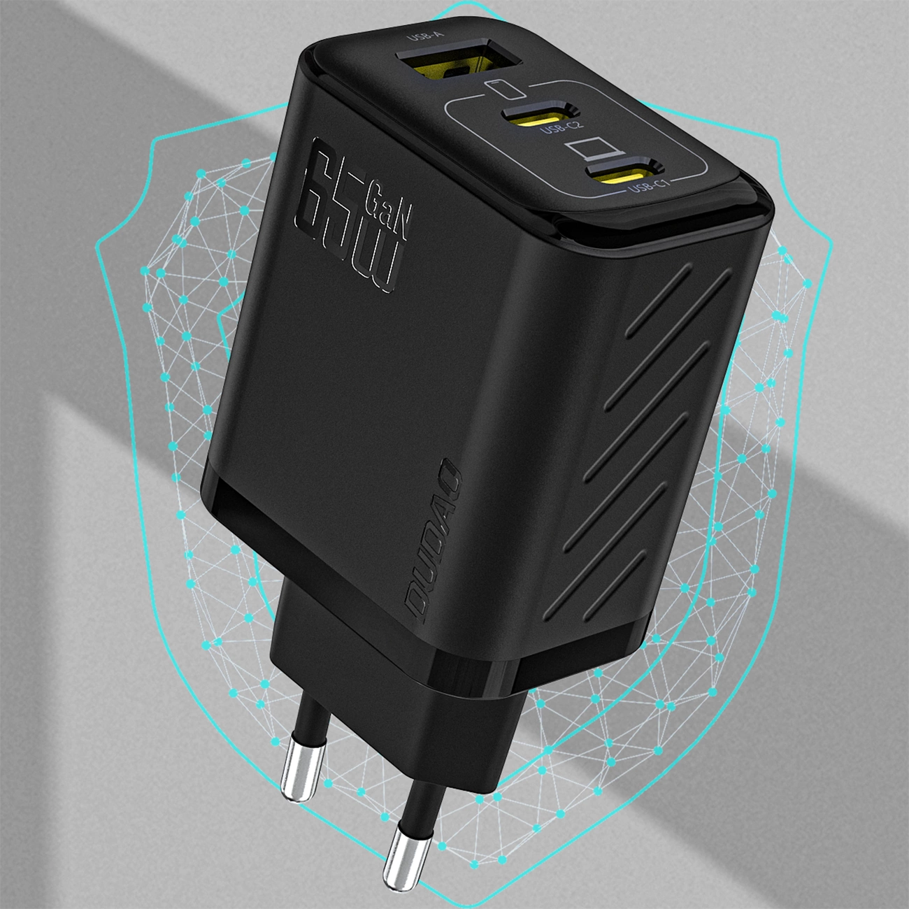 DUDAO A29C 65 W GaN USB-C Wall Charger with USB-A Port and 1.2 m USB‑C to USB‑C Cable – Black